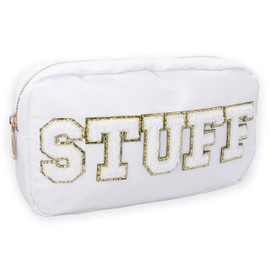 Fablinks Preppy Makeup Pouch, Chenille Varsity Letter Stuff Bag, White Nylon Skin Care Patch Bags Organizer for Women, Travel Make Up Skincare Cosmetic Zipper Bags, Easter Basket Stuffers