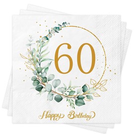 Xunerloy 40Pcs 60th Birthday Napkins Sage Green Gold, 60th Birthday Serviettes Eucalyptus Napkins for Women Men Her He Anniversary Decoration