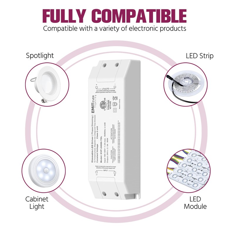 Emitever 60W Triac Dimmable Driver,Power Supply,AC 120V to DC 24V