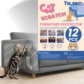 12PCS Cat Scratch Furniture Protector, Single Sided Couch Protectors Tape from Cats Claws Scratching, Transparent Sticky Sheets Proof Clawing Sofa Corner Protection Cover Anti Scratch for Furniture