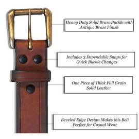1-1/2" Full Grain Belt - Brown - Size 34 - RGB-110 - Oil Tanned Solid Thick Leather and Roller Buckle - R.G. BULLCO