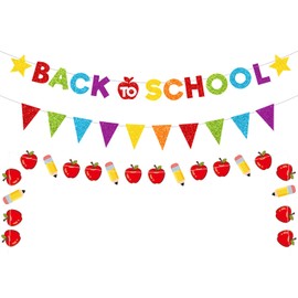 JKQ Glitter Back to School Banner and Pennant Banner Colorful Glittery First Day Of School Garland Welcome Back Party Fireplace Mantle Decorations Home Classroom Office Photo Booth Props