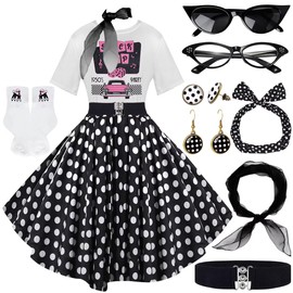 VillbeCoser 10 Pcs Sock Hop Outfits Women, 1950s Poodle Skirts, T-Shirt with 50s Accessories Socks Scarf Headband Belt Earring (BlackDots-2XL)