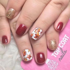 NEWSPIED Fall Fake Nails Short Fall Press on Nails Square Maple Leaf Nails with Gold Glitter Designs Thanksgiving False Nails Glossy Red Full Cover Glue on Nails DIY Fall Acrylic Nails for Women 24Pcs