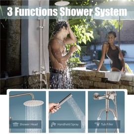 Aolemi Outdoor Shower Fixture SUS304 Triple Function Brushed Nickel Wall Mounted Stainless Steel Shower Faucet System Set with Hand Spray,8" Rain Shower Head