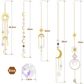 Simpeak 5Pieces Colorful Suncatcher Pendant Hanging Crystal Prisms with Chain, Gold Alloy Chain+Moon+Sun+Prism Ball Rainbow Sun Catcher Prisms for Garden Party Home Christmas Holiday Decoration