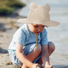 MK MATT KEELY 2 PCS Baby Sun Hat with Ears Toddlers Newborn Cotton Bucket Hat Kids Boys Girls Summer Beach Cap with Chin Strap,White+Beige,Age 6-12 Months