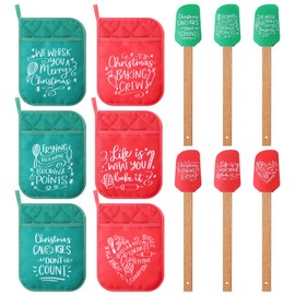 Zhehao 12 Pcs Christmas Silicone Spatula and Pot Holders Set Christmas Spatulas for Baking with Wooden Handle Heat Resistant Cookie Hot Pad with Pocket for Xmas Kitchen Baking Cooking Gift