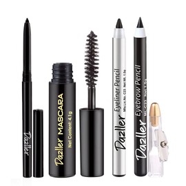 Dazller College Makeup Essentials 4: Kreamy Kajal, 0.35g + Mascara, 4.1g + Eyeliner Pencil, 1.5g + Eyebrow pencil, 1.5g - Lightweight, Matte Black, Smudge-proof, Long Stay, Easy Definition