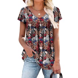 Womens Ruffle Short Sleeve Tunic Tops V Neck Loose Fit Flowy Willow Flower Summer Tops XXL