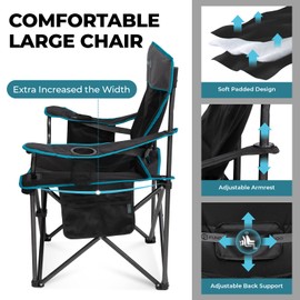 FUNDANGO Oversized Camping Chair for Adults, 550 Lbs Portable Folding Beach Fishing Lawn Chair with Cushion seat & Back, 4-can Cooler&Cup Holder, Carry Bag Included for Outdoor (Black/Grey)