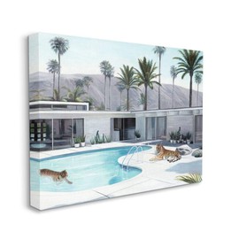 Stupell Industries Tiger Summer Swimming Pool Modern House Palm Trees, Designed by Urban Road Wall Art, 30x40, Canvas