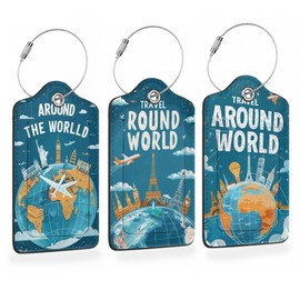 Around The World Travel Art 3 PCS Luggage Tags, Flight Map Leather Suitcase Tags with Privacy Cover Name Address Labels and Durable Steel Loop for Men/Women Travel Bag Suitcases