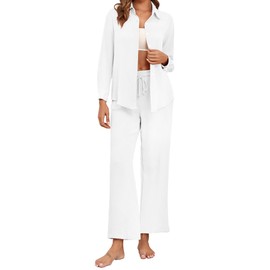 Famulily 2PCS Pajama Sets for Women Casual Solid Long Sleeve Button Down Tops High Waist Drawstring Pants Matching Outfits Soft Sleepwear White XXL
