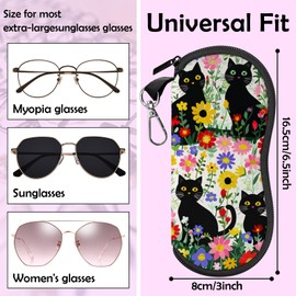 Cabreche Glasses Case Sunglasses Eyeglass Soft Case Zipper Light Neoprene Pouch with Metal Belt Clip Aesthetic Cute Women Men-Cat Flower