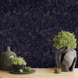 VistaPalette 18"x236" Gold line-Drawn Navy Floral Modern Peel and Stick Self Adhesive Wallpaper Removable Contact Paper Stick on Easy Peel Off Wall Paper for Kitchen Bedroom Bathroom Renter