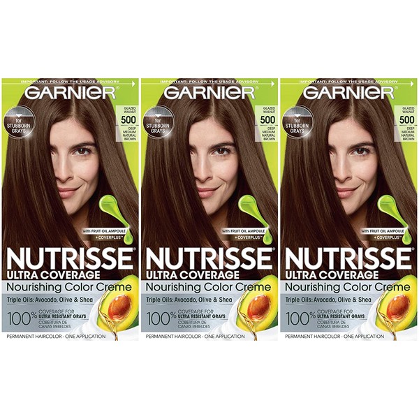 Garnier Hair Color Nutrisse Ultra Coverage Nourishing Hair Color Creme, Deep Medium Natural Brown (Glazed Walnut) 500,3 Count, Pack of 3