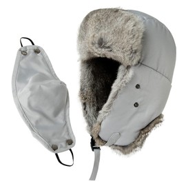 TOP-EX Grey Waterproof Mens 100% Rabbit Fur Trapper Hunting Earflap Hat Mask Winter Ushanka Russian Hiking Skiing Large L