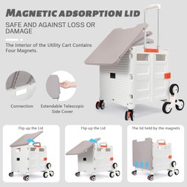 Foldable Utility Cart Collapsible Portable Crate Rolling Carts with Stair Climbing Wheels Tote Basket with Magnetic Lid Telescopic Cover Wear-Resistant 360°Rotate Wheel Noiseless for Shopping Office