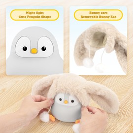 UNEEDE Sitting Penguin Easter Night Light with Removable Floppy Bunny Ears - Silicone Touch Lamp, USB Rechargeable, Dimmable Nursery Light for Kids & Holiday Decor