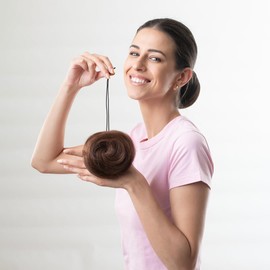 HAIR ORIGINALS Chignon Donut Bun Wig Hairpiece, 100% Real Human Hair Tousled Updo Extension Stilesh Scrunchies for Women Drawstring Fake Ballet Bun Extensions (Light Brown, Pack of 1)