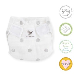 Amazing Baby Hybrid Cloth Diaper Cover with Pocket-Sling, Newborn, Sz 1 (5-10 lbs), Use with Boosties Inserts, Gray Watercolor Dots, SmartNappy Set includes Muslin Cover + Bi-fold Insert + Booster Pad