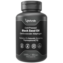 Naturalis Cold Pressed Black Seed Oil 1000mg | 2% Naturally Occurring Thymoquinone (TQ) for Hair, Skin, Nails & Cardiovascular Support | Non-GMO, Gluten & Soy Free | 60 Softgels