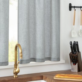 TOPICK Linen Kitchen Curtains 45 Inch Drop Grey Short Curtains Cafe Curtains for Bathroom Cupboard Rustic Farmhouse Light Filtering Small Window with Rod Pocket Decor 2 Panels
