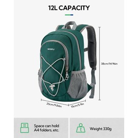 WATERFLY Backpack Small Hiking Backpack 12 L: Lightweight Daypack Mini Sports Backpack Outdoor Daypack with Removable Chest Buckle for Hiking Travel Camping Bicycle Men Women, dark green