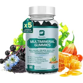 B BEWORTHS Sea Moss Black Seed Oil Ashwagandha Gummies, Irish Sea Moss Multimineral Supplement with Turmeric, Magnesium, Chlorophyll, Elderberry, Manuka Honey, Bladderwrack, Burdock Root, Vitamin - 60
