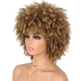 Ninroc Ombre Brown Afro Curly Wigs For Black Women Glueless Wig With Bangs Highlight African Wig Synthetic Afro Wigs Daily Party
