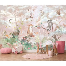 Kids Safari Wallpaper Butterfly Fox Forest Animal Wallpaper Mural with Pink Background for Girl's Room Decoration(Not Self-Adhesive)