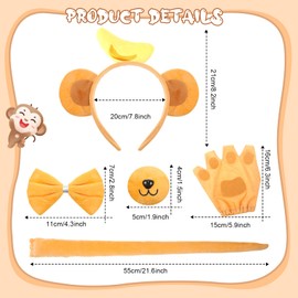 Maiteenly Monkey Costume Set for Kid Adult Monkey Ear Tail Headband Nose Glove Paw Bowtie Animal Costume Accessories(Banana Hairband,Light Brown)