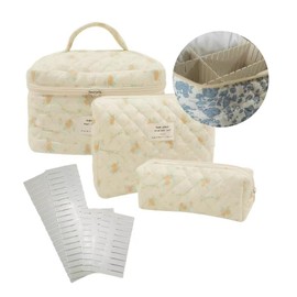 Lyoveu M-UP1【3Pcs】 Cotton Quilted Makeup Bag, Floral Aesthetic Cosmetic Bag Set for Women Gifts, Travel Toiletry Organizer Bag, Cosmetic Pouch,Adjustable Dividers (3PCS/C)