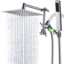 All Metal Rain Shower Head with Handheld Spray Combo, YDmeet 8 Inch Rainfall Shower Head, Stainless Steel Handheld Wand, 3 Way Diverter, Adjustable Extended Arm, 71" Long Hose, Polished Chrome.