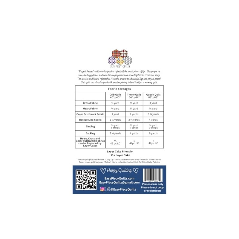 Easy Piecy Quilts LLC Perfect Peaces Quilt Pattern, Multi