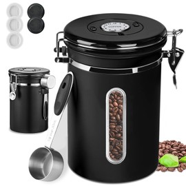 Meeyoga Bote para Café, Contenedor para Café, Bote para almacenar azucarera, Recipiente con función timestamp, Recipiente hermético de acero inoxidable, 1.8L, Cucharón, Ventana
