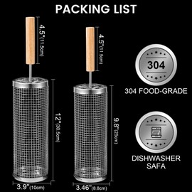 Nesting Grill Baskets (2 PCS), 304 Stainless Steel with Removable Wooden Handle, Rolling Grilling Net, BBQ Accessories Tools for Vegetables Shrimp, Outdoor Camping, Gifts for Men Dad and Husband