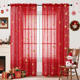 WUBODTI Cortinas semi transparentes con patrón de estrella roja, cortinas filtrantes de luz con bolsillo para barra para sala de estar, verde azulado con estrellas doradas, 52 pulgadas de ancho x 72