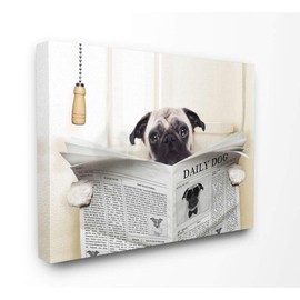 Stupell Industries Pug Reading Newspaper in Bathroom Oversized Stretched Canvas Wall Art, 24 x 1.5 x 30, Proudly Made in USA