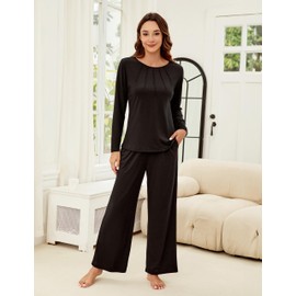 Blooming Jelly Womens Pajama Sets Pleated Long Sleeve Pajamas Pj Sets Lounge Set with Pockets 2024 Black