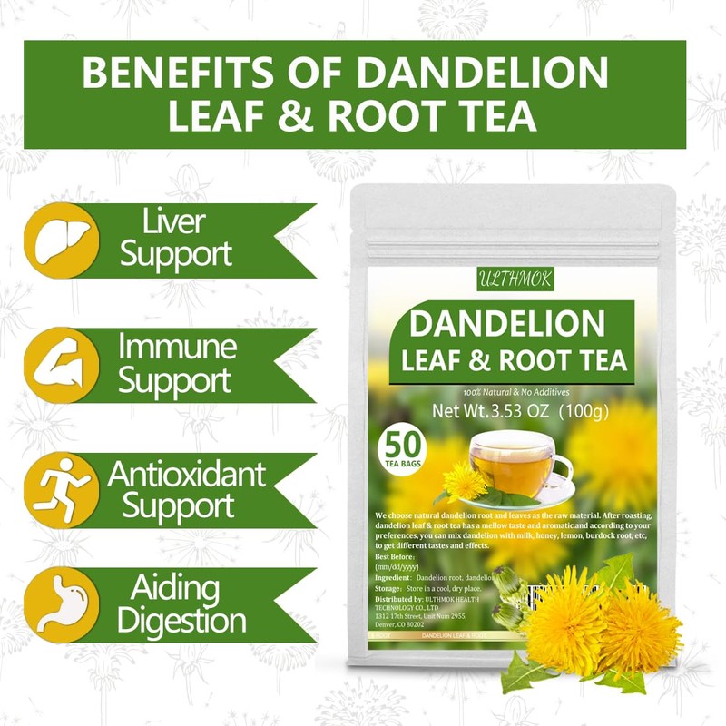 Premium Dandelion Leaf & Root Tea,50 Tea Bags /3.53Oz, for