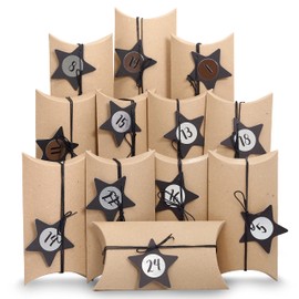 Papierdrachen Advent Calendar 2024 - Pillow Boxes - with Decorative Labels and Number Stickers - Vintage - Black - 24 Cardboard Cushion Boxes - DIY Advent Calendar for Filling and Designing
