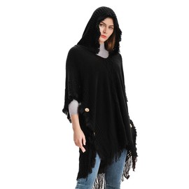 Hooded V Neck Poncho Sweater Crochet Knitted Pullover Cape Shawl Casual Warm Shawl Wraps Cape with Fringes for Women