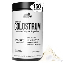 COUNTRY FARMS Grass Fed Colostrum, Contains Bioavailable Nutrients, Nature’s Original Superfood, Colostrum for Gut Health, Natural IgG Bovine Colostrum, Gluten Free, Unflavored, 150 Servings, 5.29oz