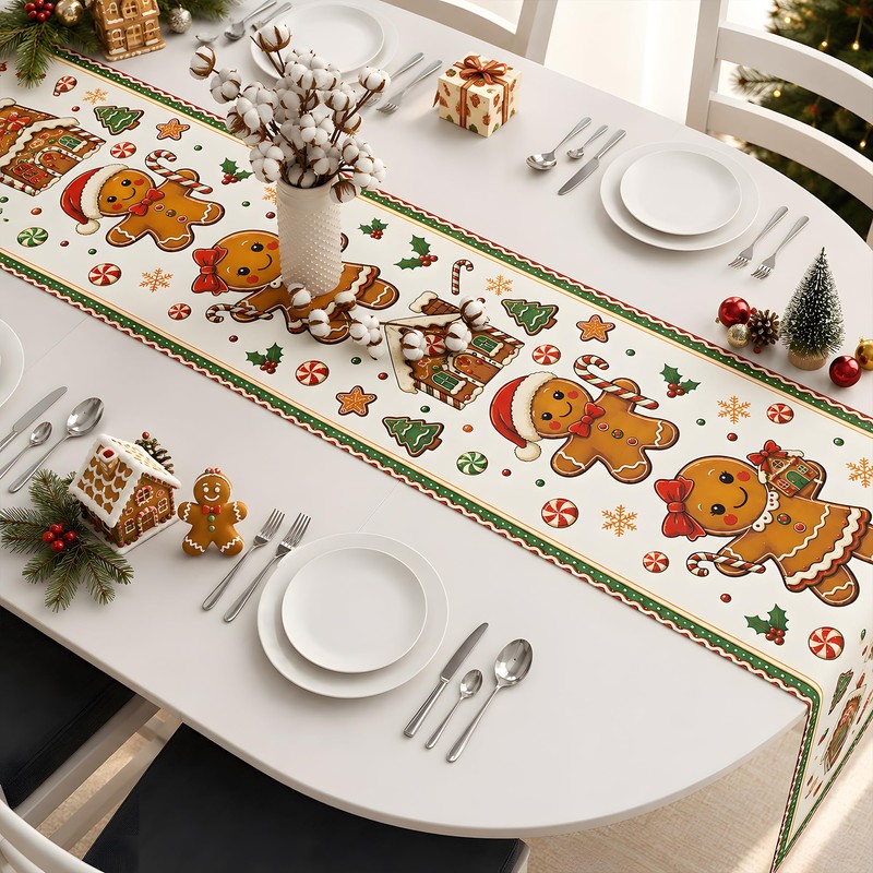 Christmas Decorations - Gingerbread House Candy Cane Xmas Table Runner