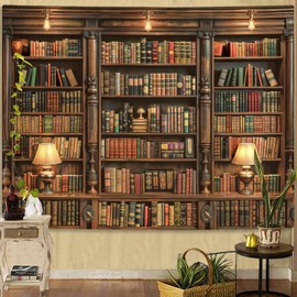 Spenlife Bookshelf Tapestry Wall Hanging Vintage Library Wall Tapestry, Old Books on Shelf Classical Study Room Student Study College Dorm Bedroom Living Room Wall Decor