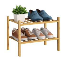 BMOSU 2-Tier Bamboo Small Shoe Rack Premium Stackable Shoe Shelf Storage Organizer for Hallway Closet Living Room Entryway Organizer (Natural Bamboo)