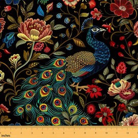 Feelyou Peacock Floral Decorative Waterproof Outdoor Fabric 1 Yard Garden Bird Theme Fabric by The Yard Luxury Flower Upholstery Fabric for Chairs Outdoor Fabric