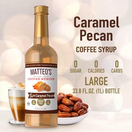 Matteo's Caramel Pecan Syrup for Coffee, Lattes, Cappuccinos & Desserts – Sugar-Free Sweetener for Beverages, Keto Friendly, Zero Calories, Indulgent Flavor, Non-Alcoholic, 33.8oz (6pk)
